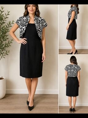 Connected Apparel Black Dress with Black & White Cropped Bolero
